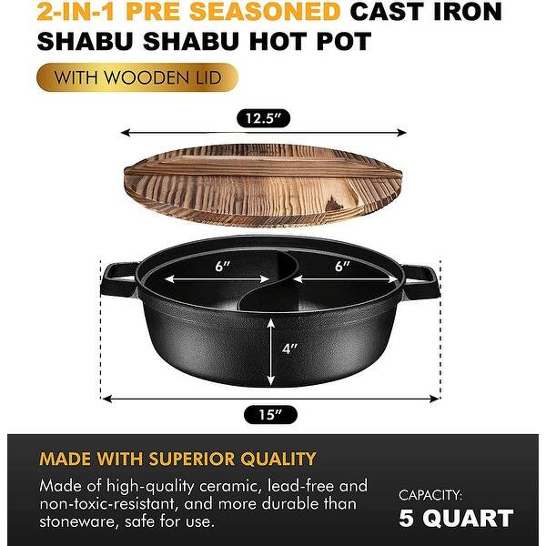 Non-Stick 2-In-1 Cast Iron Enameled Shabu Shabu Hot Pot with Wooden Lid – Heavy Duty 5 Quart - ... | Bed Bath & Beyond