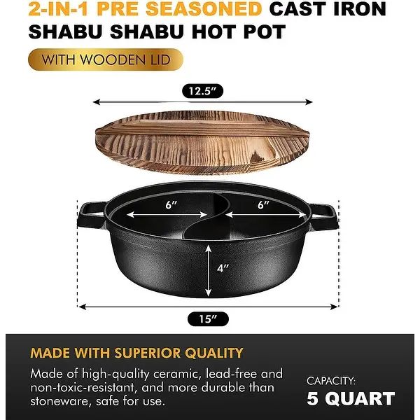 Non-Stick 2-In-1 Cast Iron Enameled Shabu Shabu Hot Pot with Wooden Lid – Heavy Duty 5 Quart - ... | Overstock