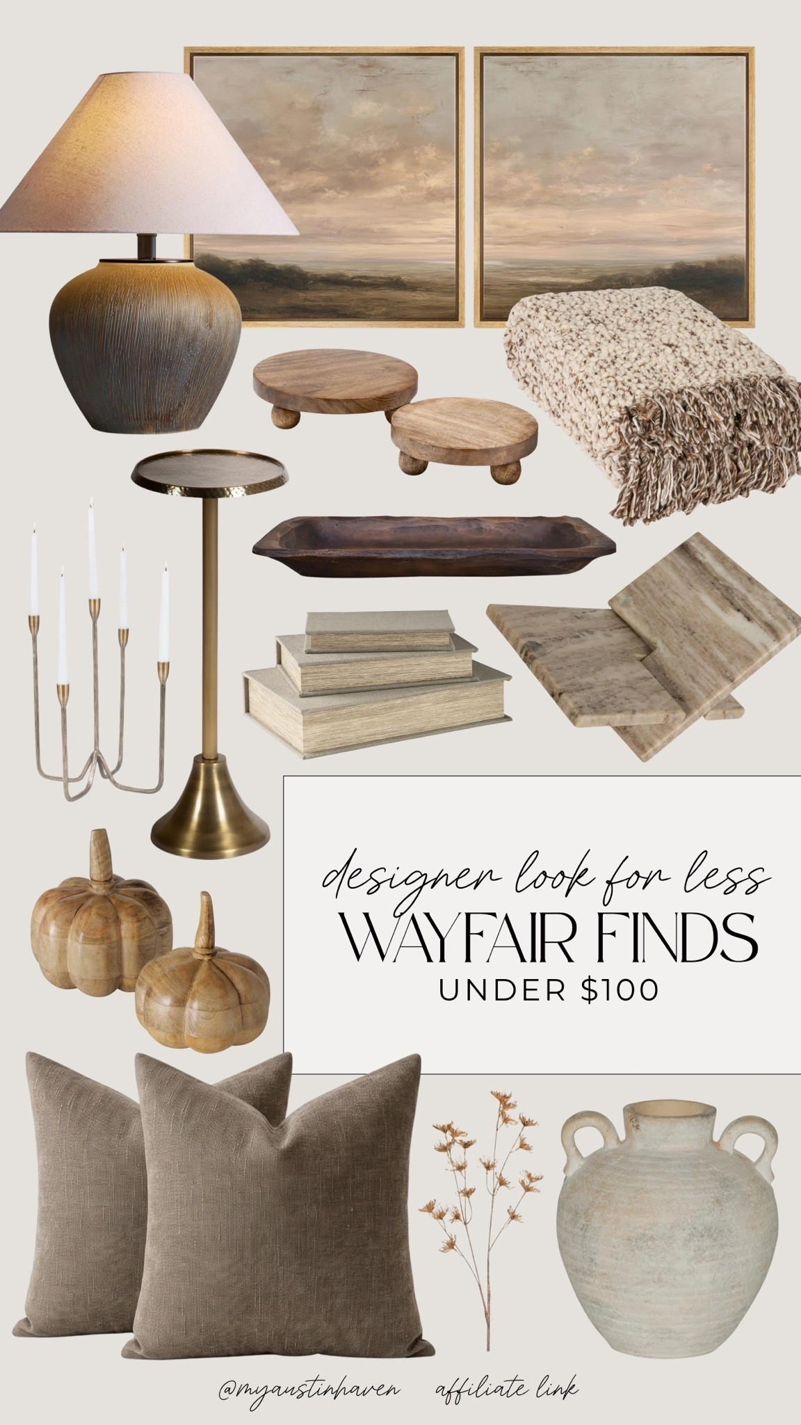 Early fall home finds that bring in warmth. These designer-inspired Wayfair pieces add cozy texture, rich wood tones and collected character for an elevated seasonal refresh. 🍂

Wayfair finds, early fall decor, designer look for less, neutral fall decor, transitional home decor, cozy home finds, warm neutral decor, affordable home decor, fall home refresh, landscape wall art, table lamp, decorative trays, wood risers, throw blanket, decorative books, candleholders, wood pumpkins, neutral pillows, vintage-inspired vase, living room decor, console table styling