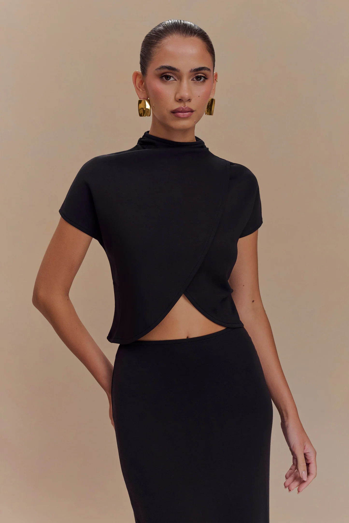 Eris High Neck Scuba Jersey Top - Black | MESHKI US