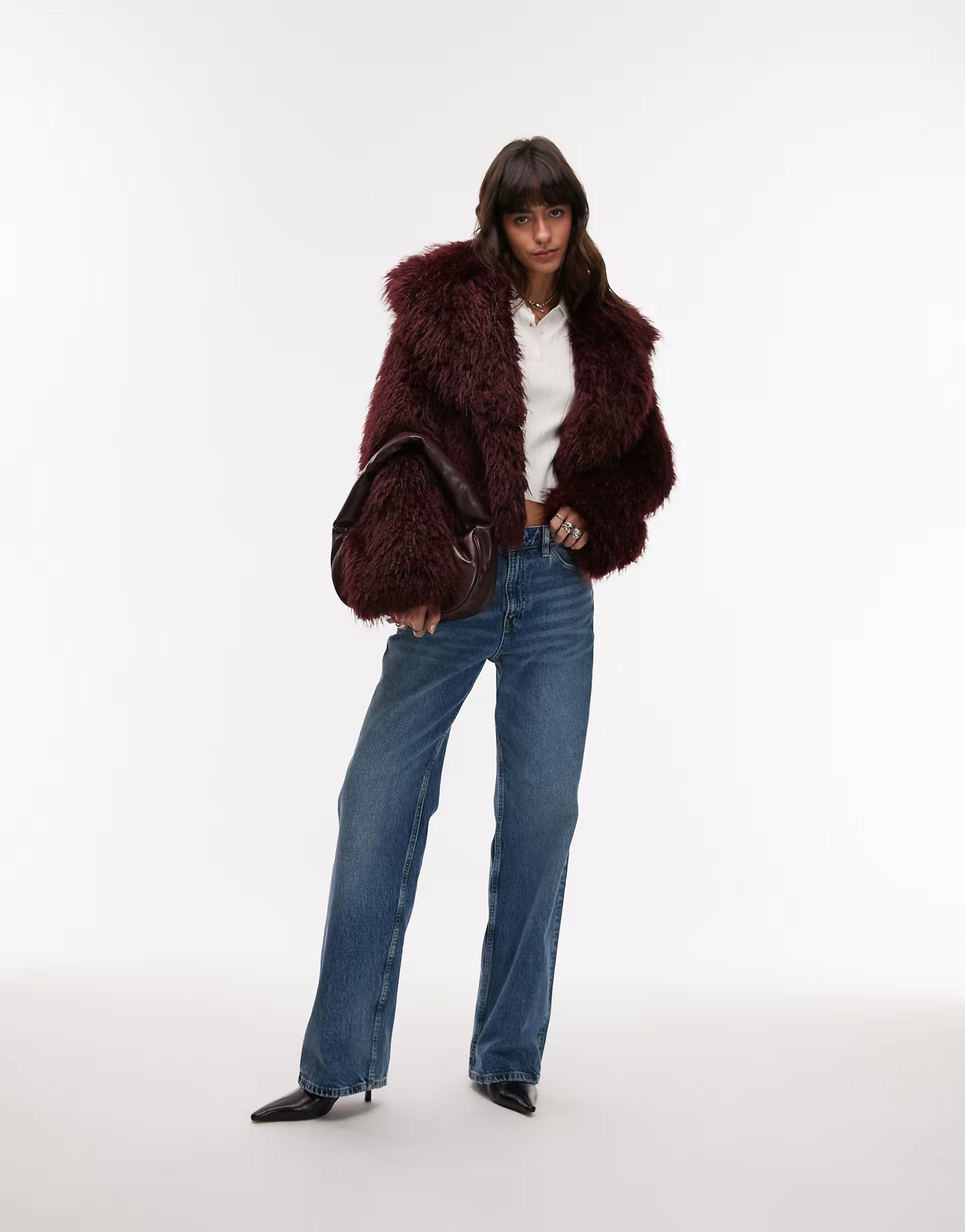 Mango faux fur jacket in dark red | ASOS | ASOS (Global)