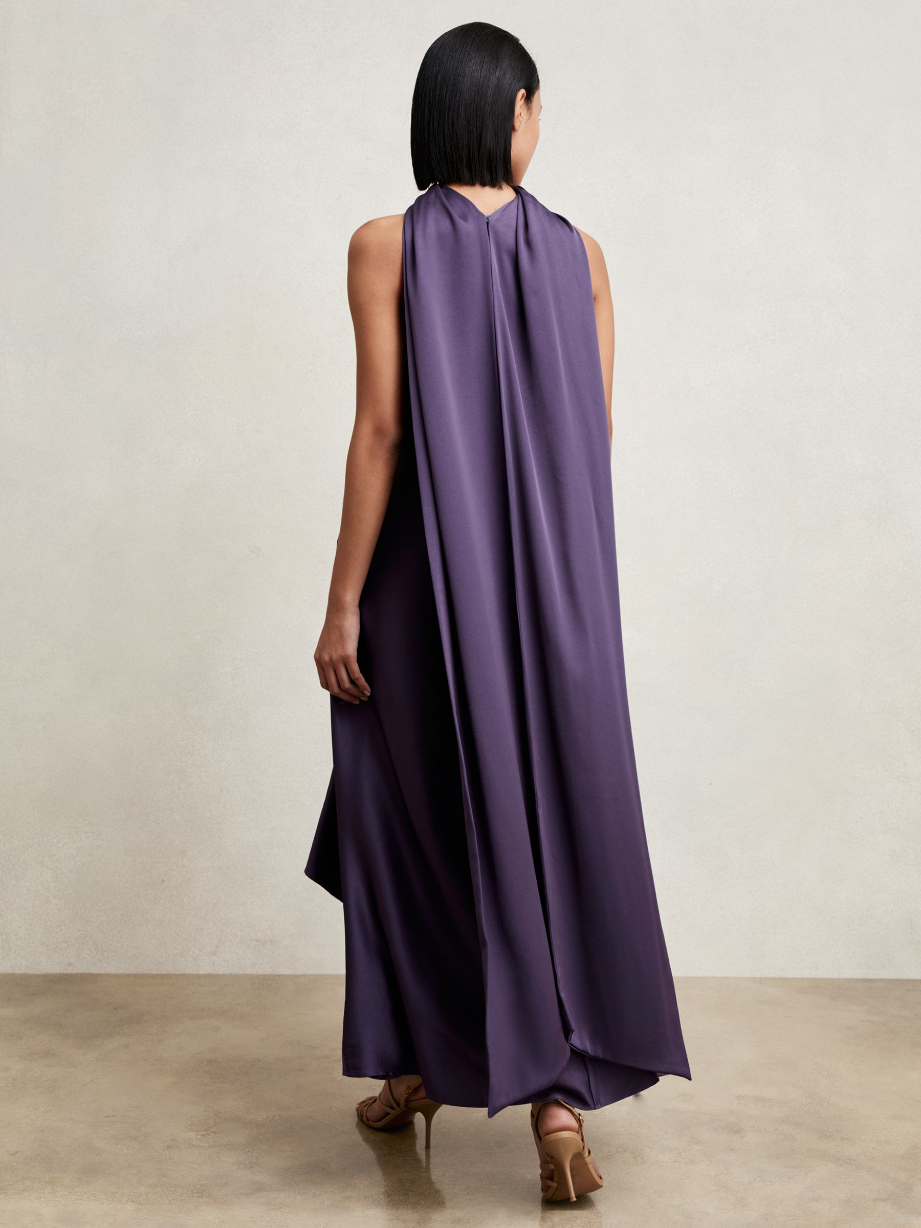 Reiss Satin Tuck-Detail Cape Midi Dress in Purple | REISS | Reiss US