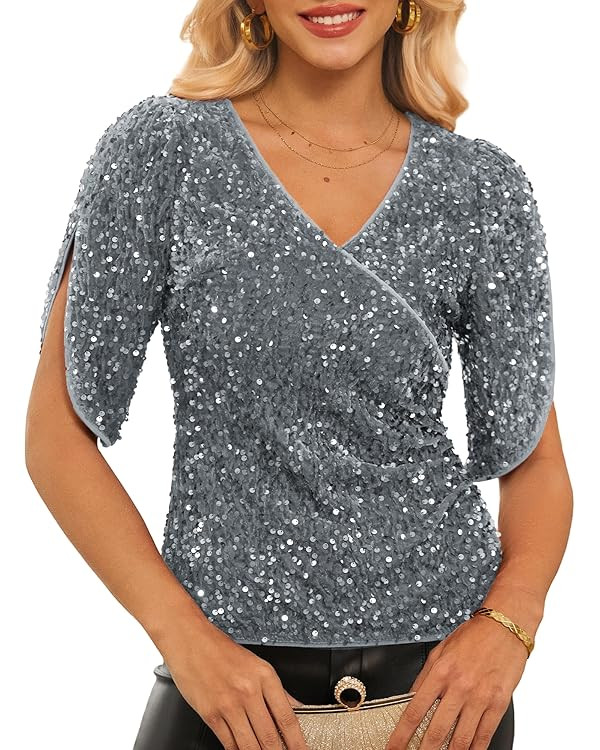 GRACE KARIN Womens 3/4 Length Sleeve Sequin Tops V Neck Velvet Ruched Blouses 2025 Glitter Trendy... | Amazon (US)