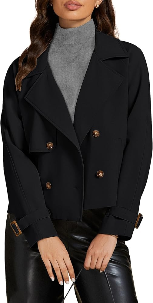luvamia Cropped Trench Coat for Women Long Sleeve Double Breasted Notched Lapel Casual Loose Fit ... | Amazon (US)