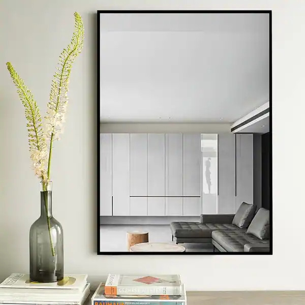 Modern Thin Frame Wall-mounted Hanging Bathroom Vanity Wall Mirror - 39x30 - Black | Bed Bath & Beyond