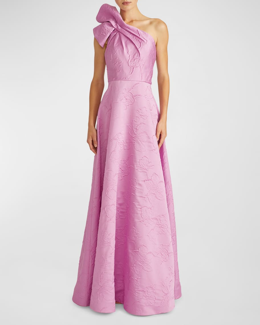 Amira One-Shoulder Floral Jacquard Ruffle Gown | Neiman Marcus