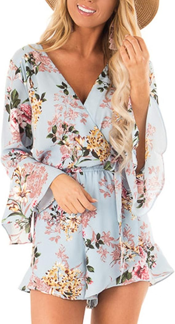 Relipop Women's Rompers Floral Print Wrap V Neck Flared Sleeve Elastic Tie Waist Jumpsuit | Amazon (US)
