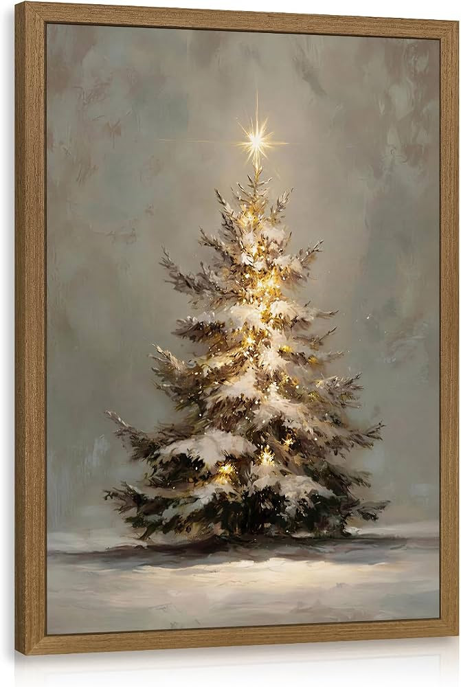 LERVR Wood Framed Vintage Neutral Snowy Christmas Tree Wall Art 12x16 Inch | Amazon (US)