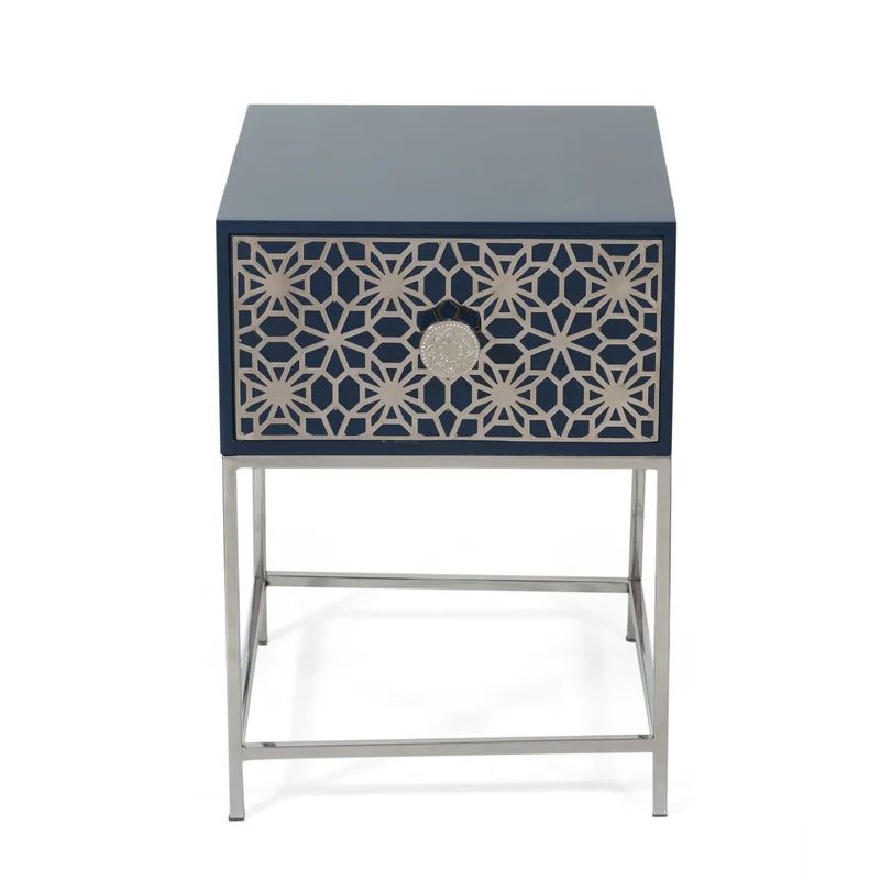 1 - Drawer Aluminum Nightstand in Nickel/Navy Blue | Wayfair North America