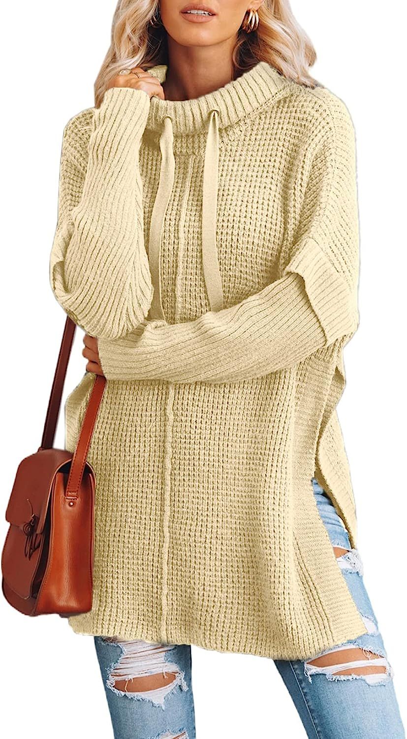 Asvivid Women's Batwing Sleeve Side Split Hooded Pullover Sweater Casual Oversized Winter Drawstr... | Amazon (US)