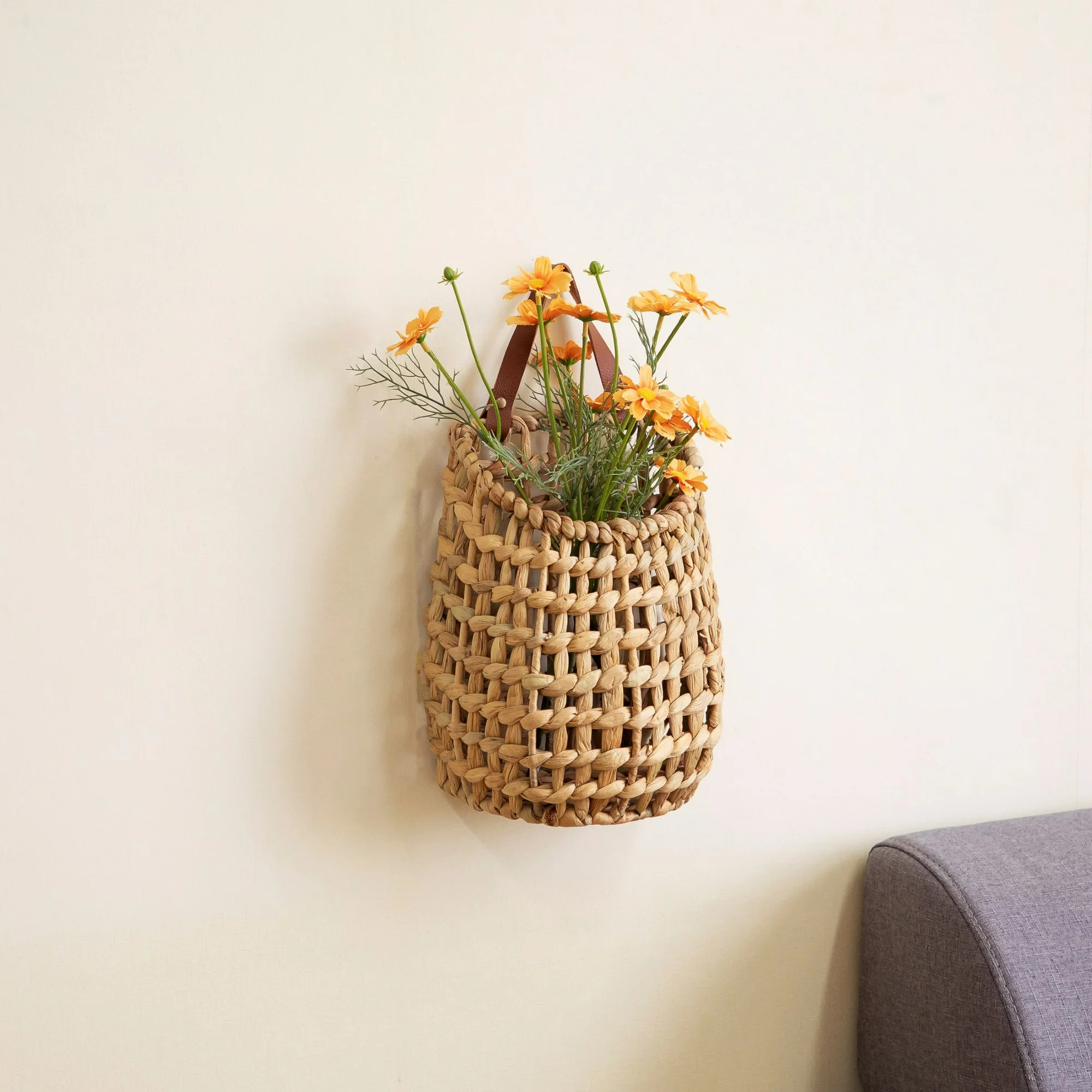 Homezone Natural Water Hyacinth Hanging Basket with Faux Leather Strap - Walmart.com | Walmart (US)