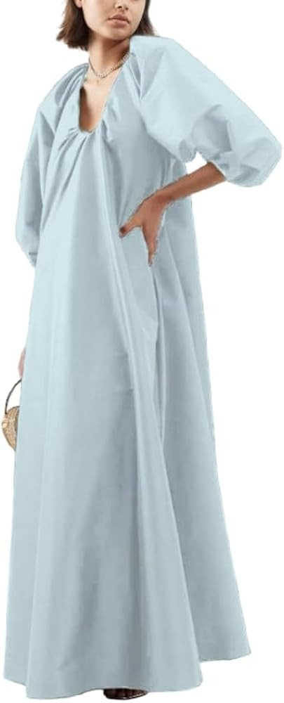 Women's Oversized Striped Lantern Sleeve V Neck Maxi Dress Casual Loose Printed Half Sleeve Long ... | Amazon (US)