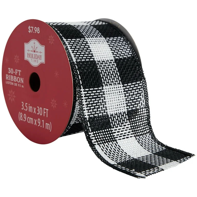 Black & White Buffalo Plaid Polyester Ribbon, 30 ft, by Holiday Time | Walmart (US)