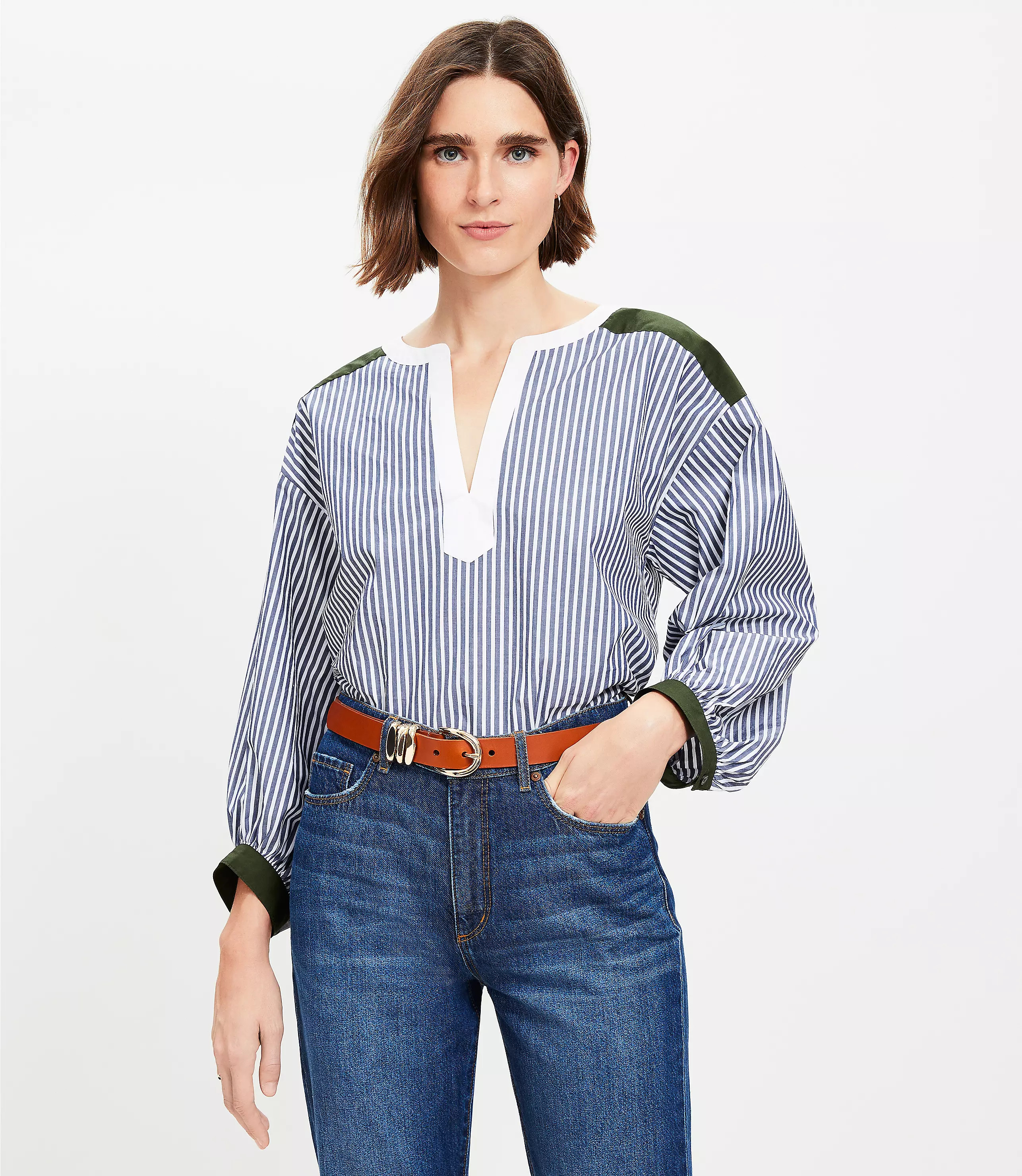 Colorblock Striped Poplin Split Neck Blouse | LOFT