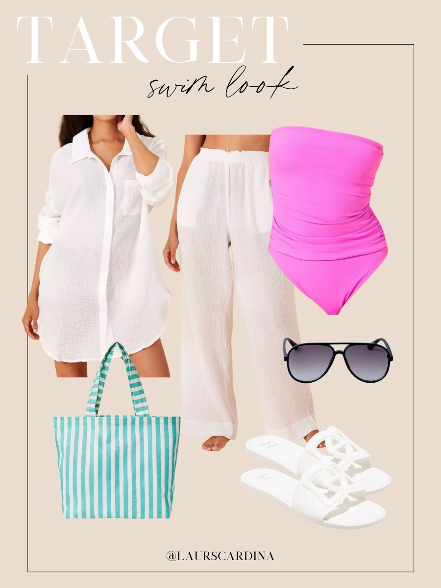 This swim look from Target includes a white gauze button up and wide leg pants, a hot pink strapless one-piece bathing suit, a green and white striped tote bag, sunglasses, and white slide sandals.

Ootd, summer outfit, casual outfit, vacation outfit, resort wearr

#LTKSwim #LTKFindsUnder50 #LTKStyleTip