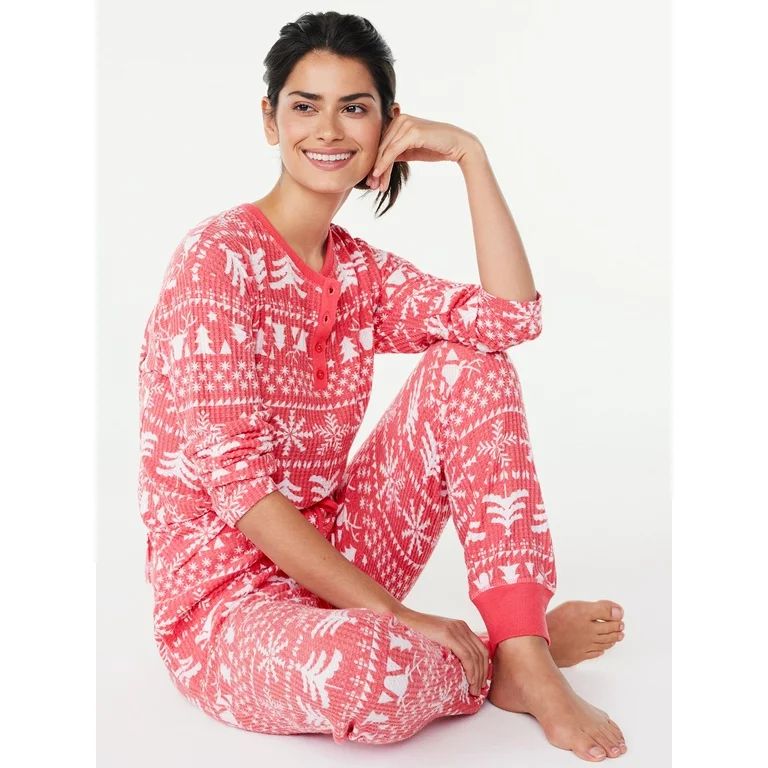 Joyspun Women's Waffle Hacci Knit Henley Top and Joggers Pajama Set, 2-Piece, Sizes S to 3X | Walmart (US)