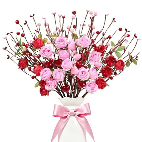 MAINGKAUNG Valentines Day Decorations 12 Pack Valentines Day Artificial Flowers 17 Inch Valentine's Picks with Red Roses Flower Pink Love Heart Berries for Valentine Wedding Anniversary Party Decor | Amazon (US)