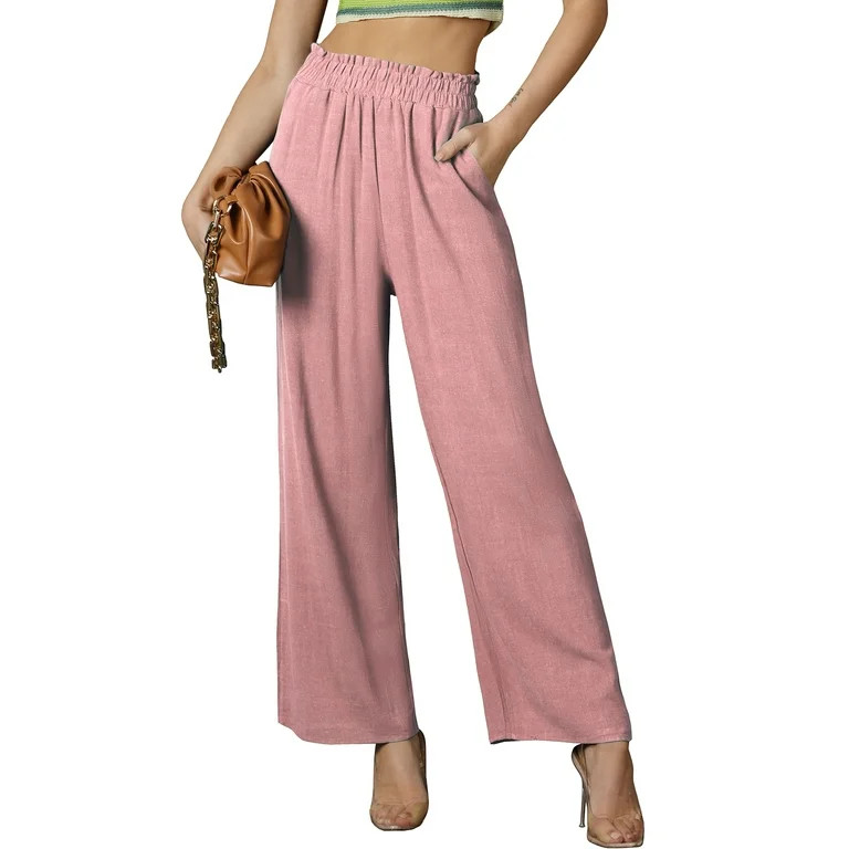 DOUBLJU Women's Casual Elastic Waist Comfy Wide Leg Linen Pants with Pockets | Walmart (US)