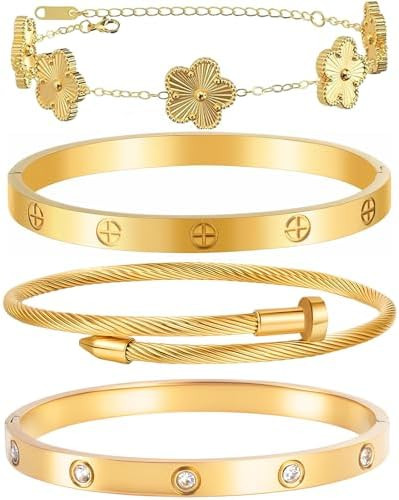 Gold Bracelets for Women-4Sets/3ets,18K Gold Plated Bracelet,Stainless Steel Bangle Bracelets Non... | Amazon (US)