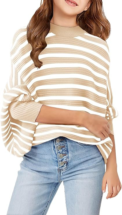 Haloumoning Girls Oversized Striped Sweater Kids Fashion Batwing Sleeve Ribbed Knit Pullover Tops... | Amazon (US)