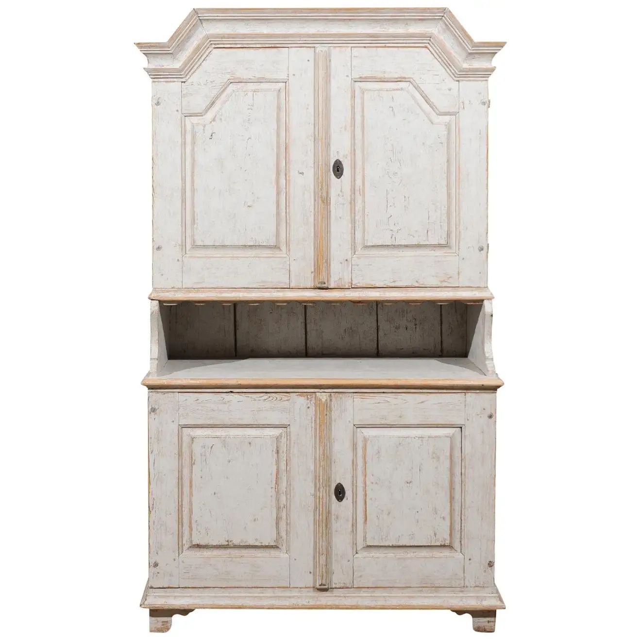 Swedish Two-Part Painted Cabinet from Värmland with Broken Pediment, circa 1834 | 1stDibs