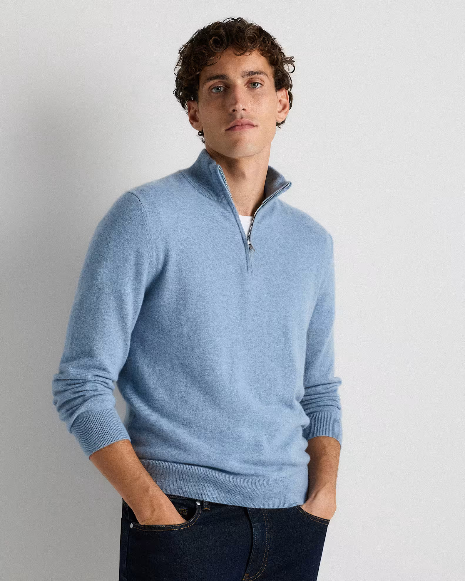 Mongolian Cashmere Quarter Zip Sweater in Faded Denim | Quince