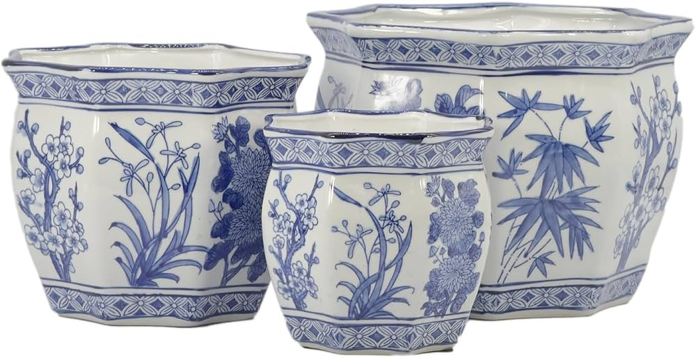Galt International Blue & White Round Fluted Floral Palm Lotus Porcelain Ceramic Plant Flower Pla... | Amazon (US)