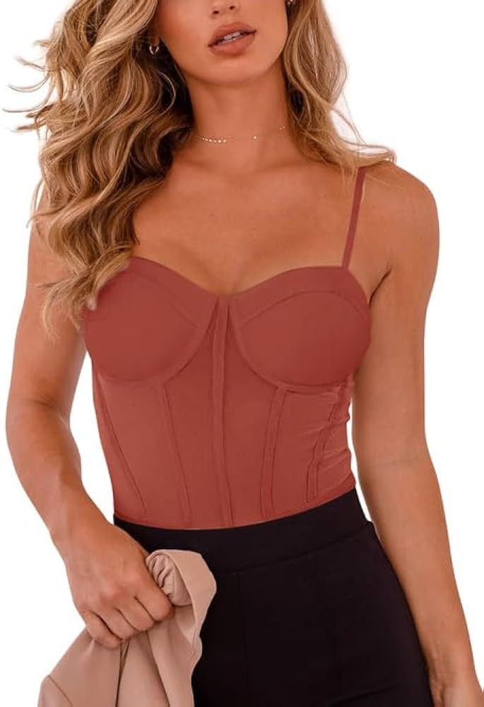 REORIA Women's Trendy Sexy Mesh Sheer Spaghetti Strap Going Out Slimming Bustier Corset Bodysuit ... | Amazon (US)