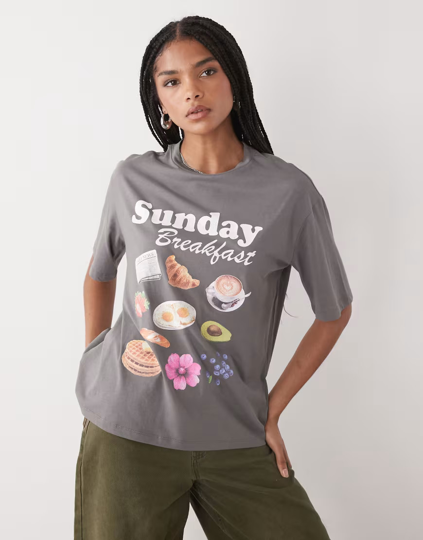 Noisy May boxy t-shirt fit with breakfast graphic in grey | ASOS (Global)