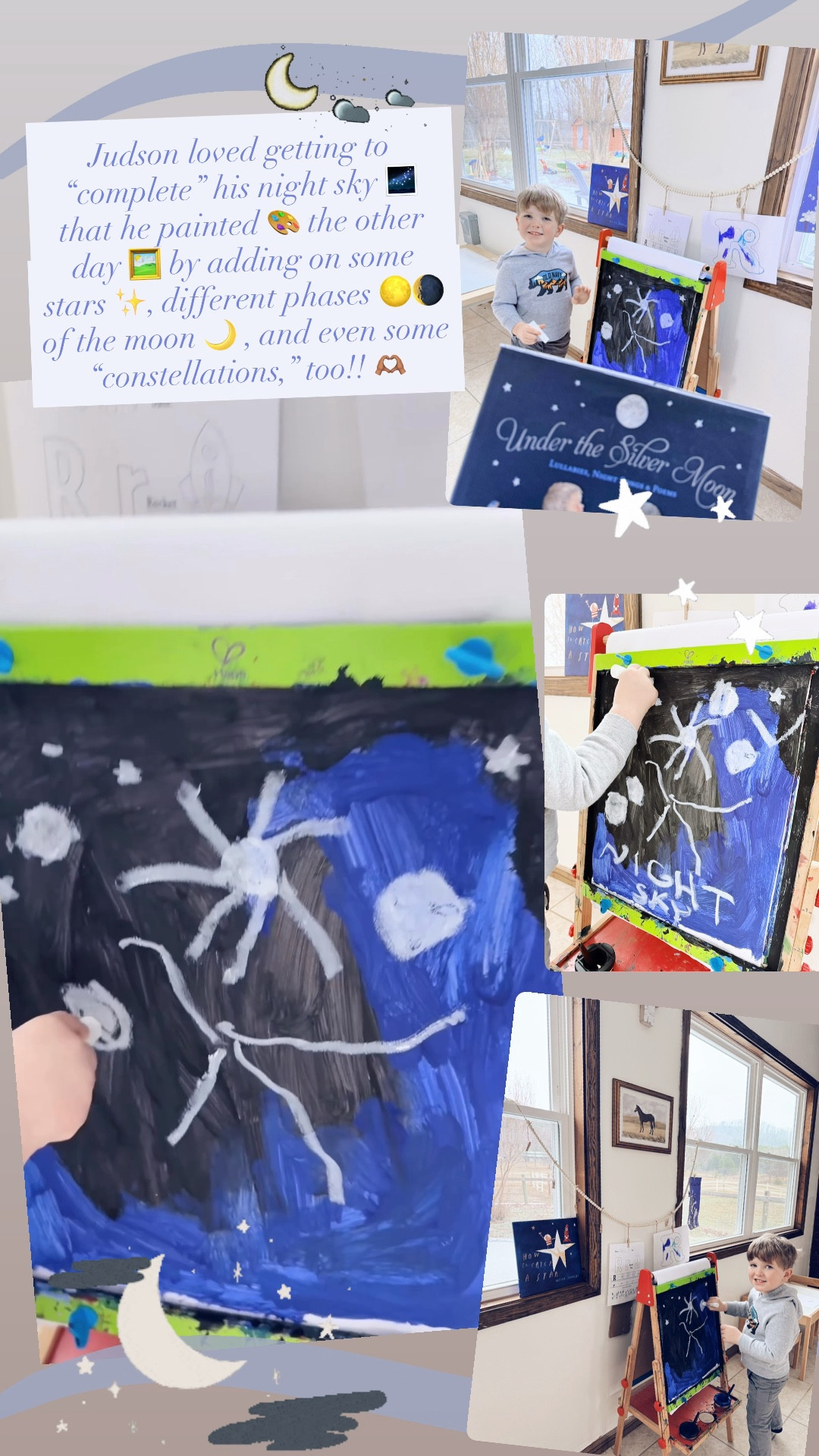 Judson loved getting to “complete” his night sky 🌌 that he painted 🎨 the other day 🖼️ by adding on some stars ✨, different phases 🌕🌘 of the moon 🌙 , and even some “constellations,” too!! 🫶🏽