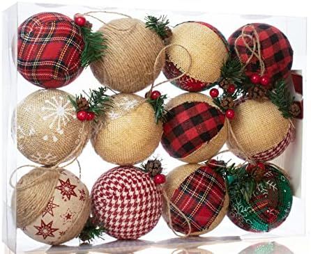 12 Piece Rustic Christmas Tree Ornaments, Farmhouse Christma Decoration, Natural Jute Burlap Chri... | Amazon (US)