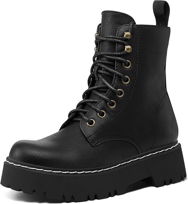 Women's Combat Ankle Boots Lace up Platform Lug Sole Chunky Low Heel Booties with Side Zipper | Amazon (US)