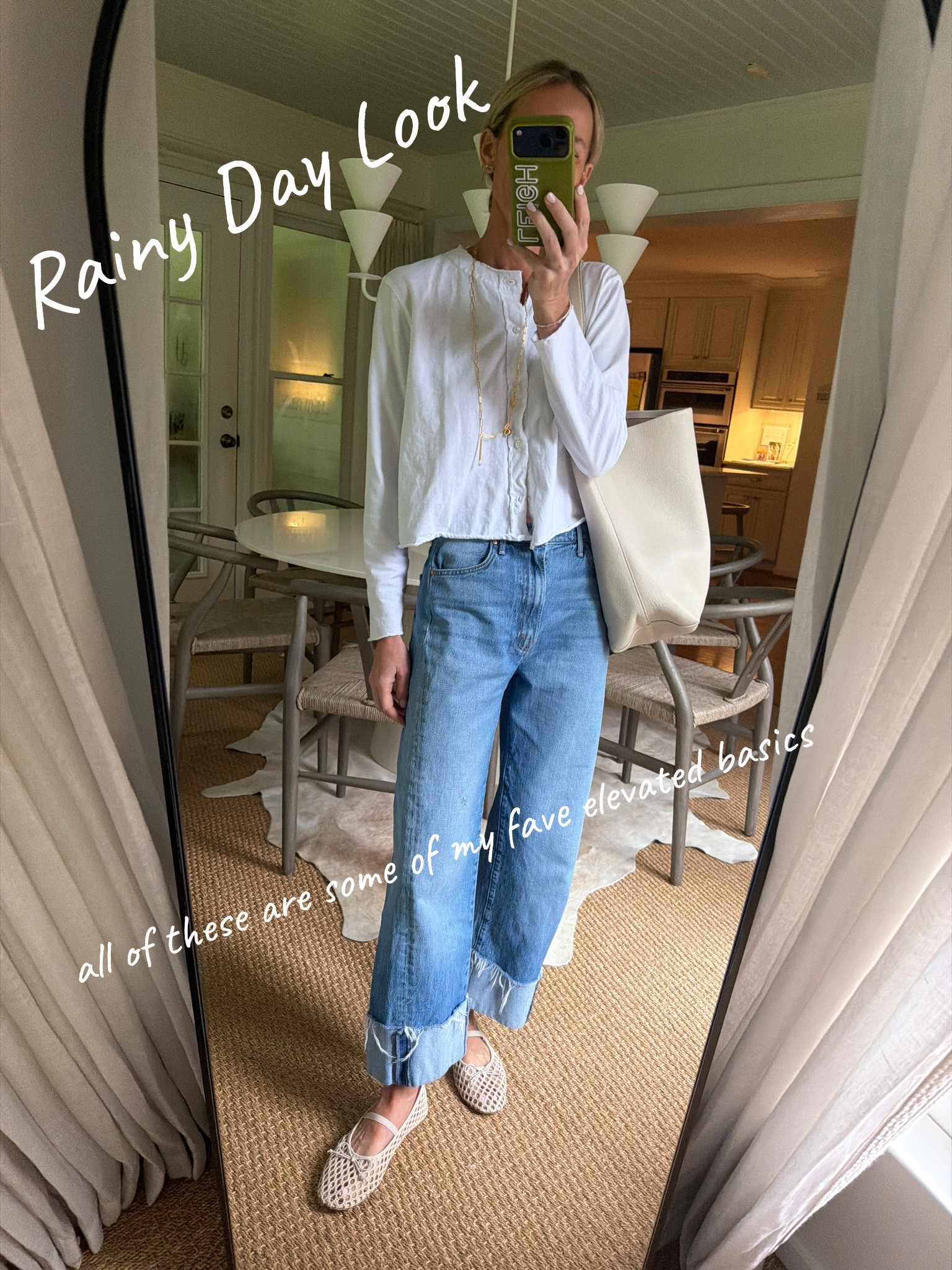 Perfect summer rainy day look. Loose easy jean / my all time fave white top that I have a Zara dupe for ! / new bag that I am
Obsessed with and it’s a year round creamy white / Amazon shoe!