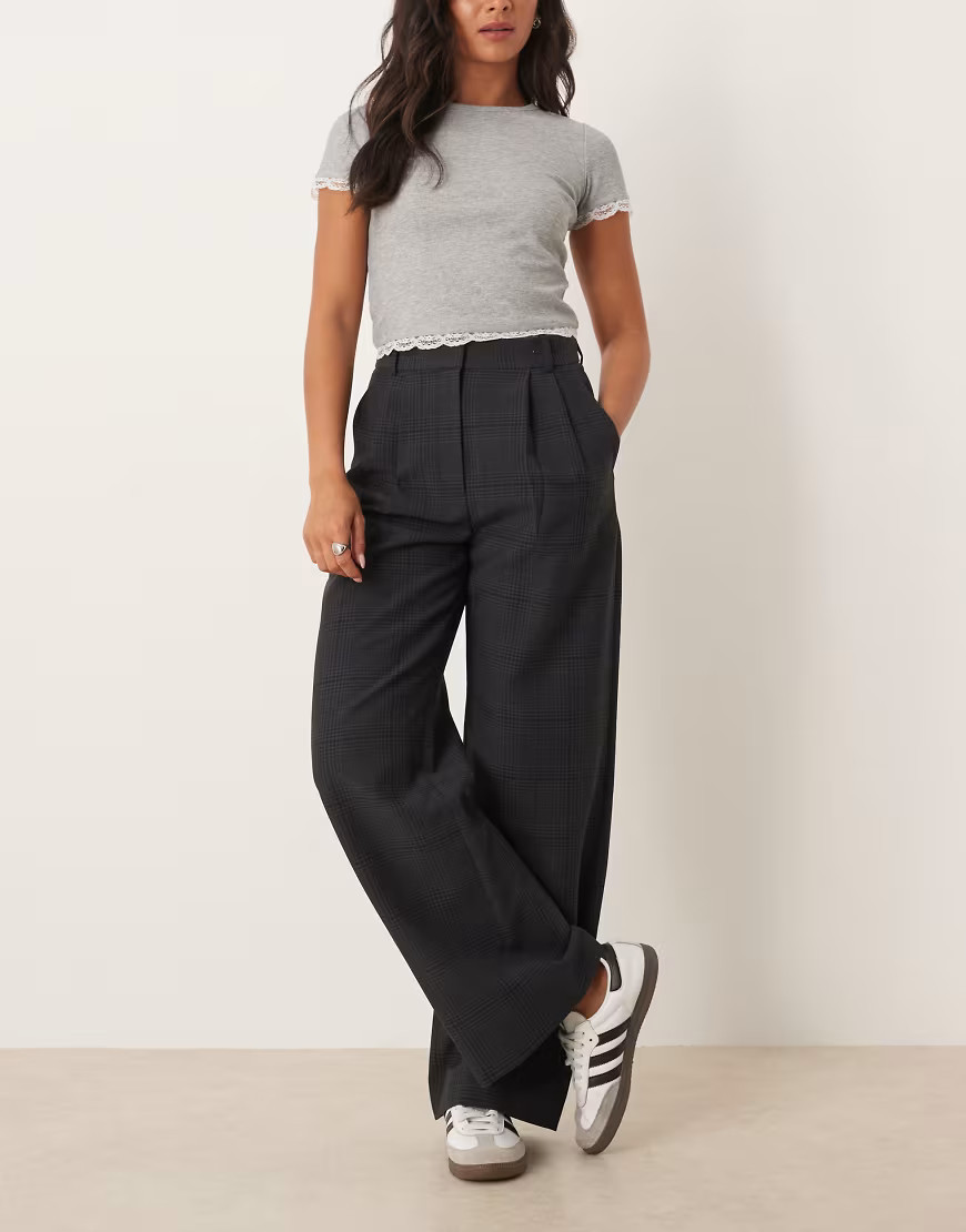 Abercrombie & Fitch ultra high rise sloane wide leg trousers in micro plaid black | ASOS (Global)