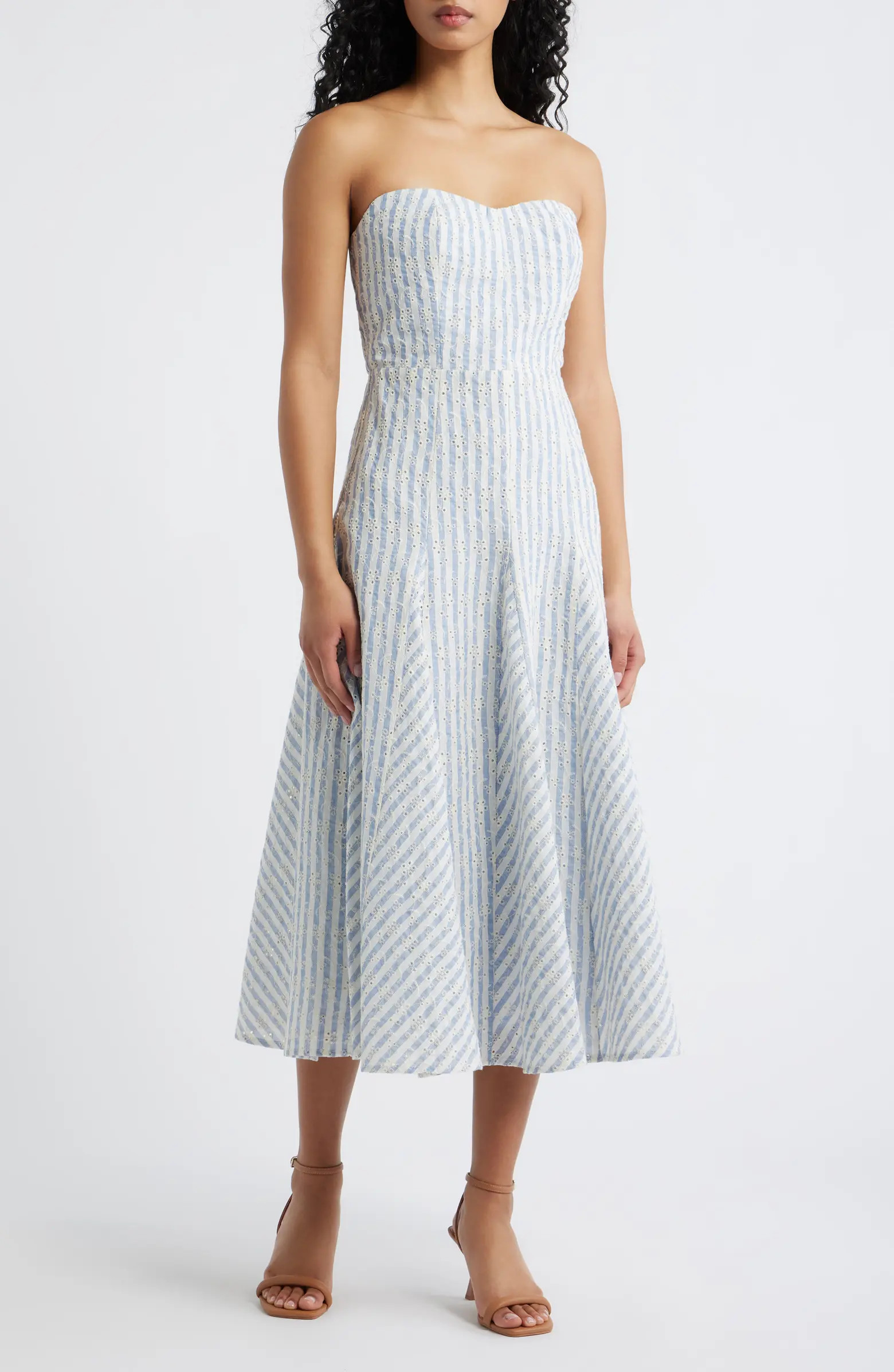 Lulus Karina Strapless Stripe Eyelet Midi Dress | Nordstrom | Nordstrom