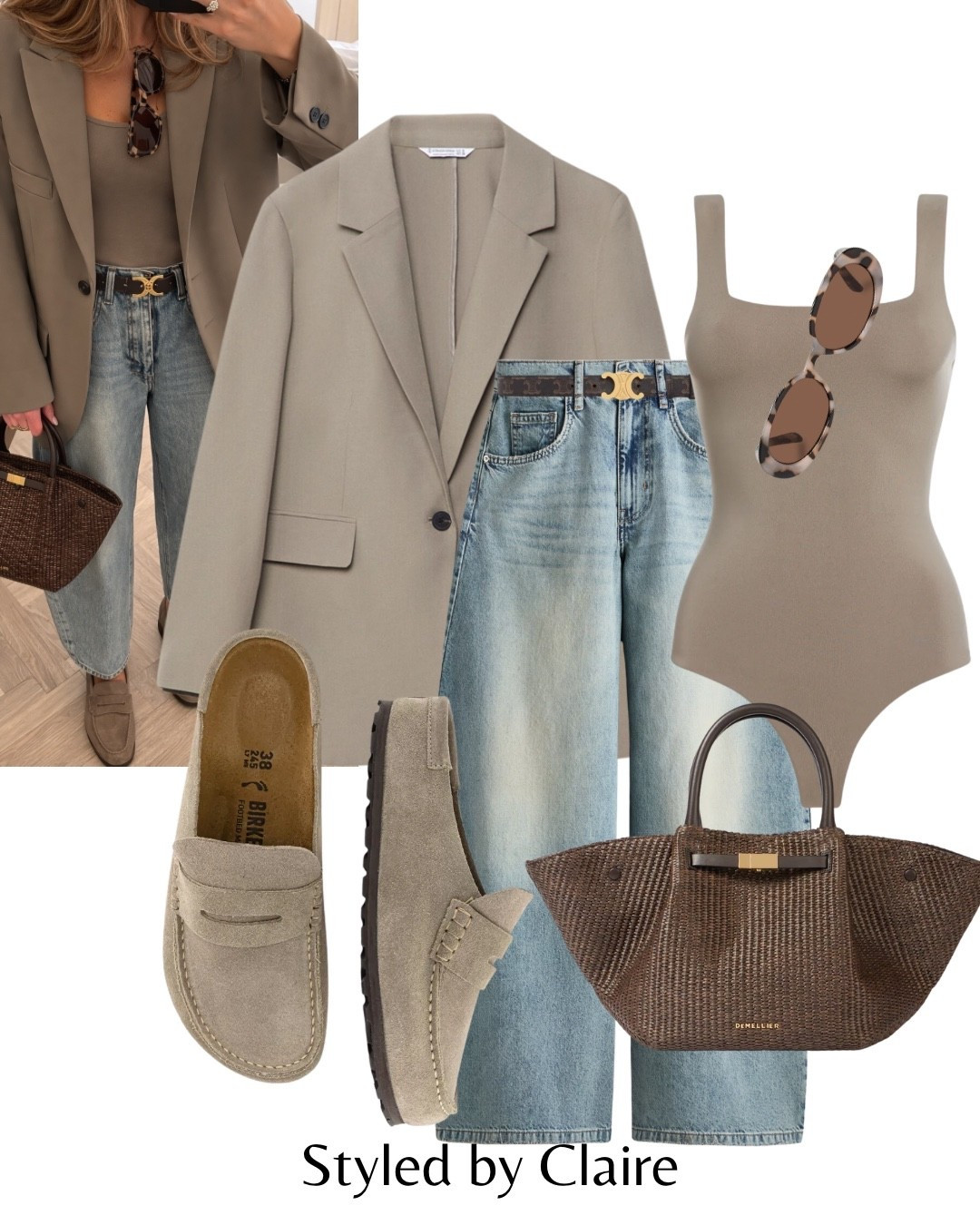 TAUPE BODYSUIT ON ME❤️‍🔥
Use discount code CLAIRE15 sitewide at KLAYD 
Tags: oversized blazer pull bear griege barrel leg jeans light wash H&M faux suede mules neutral Celine belt Birkenstock Naples loafers taupe demellier London raffia bag tote Le specs sunglasses fashion spring inspo outfit ideas cool girl style capsule wardrobe basics spring trends ootd

trends #LTKootd

#LTKspring