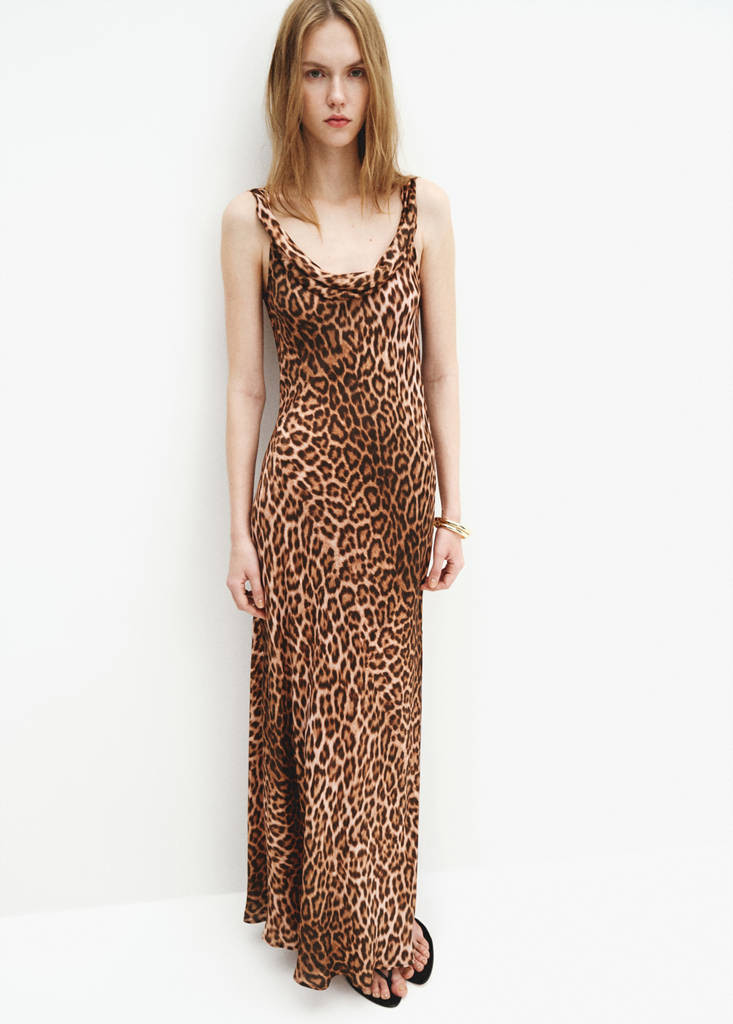 Animal-print dress with draped neckline beige - Woman - 4 - MANGO | Mango (US/MX/AU)
