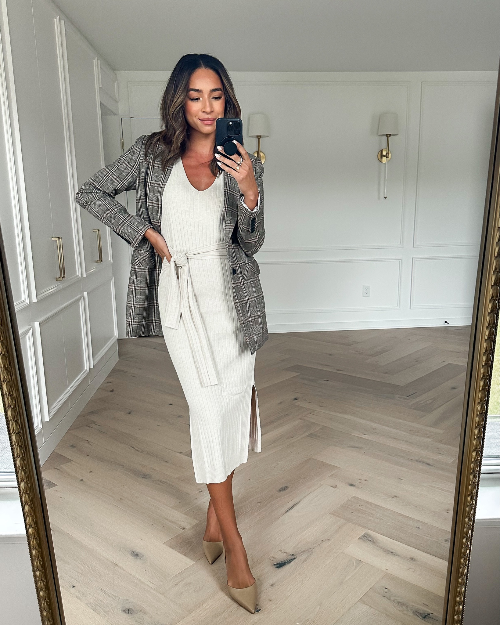 Nordstrom anniversary sale outfit 🤍 Wearing an XS in sweater dress (runs big) and a Small in plaid blazer (relaxed fit, tailored silhouette) 

#LTKxNSale #LTKstyletip #LTKworkwear