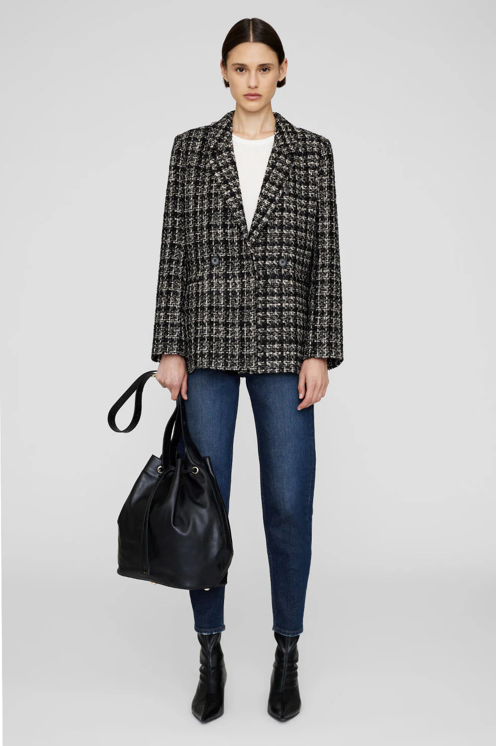 ANINE BING Madeleine Blazer in Tan And Black Tweed | Anine Bing