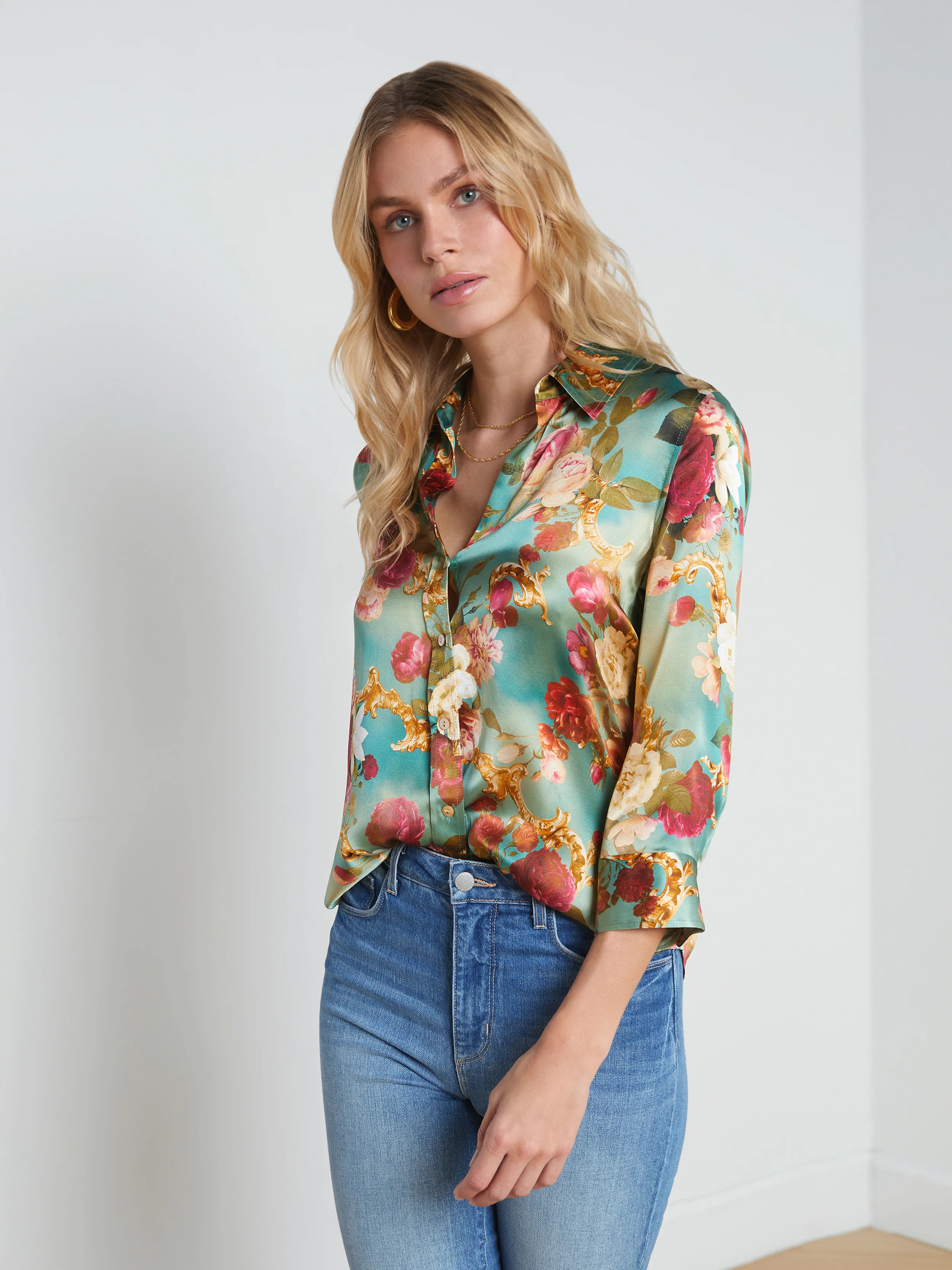 L'AGENCE - Dani 3/4 Sleeve Silk Blouse in Lilac Snow Botanical Butterfly | L'Agence