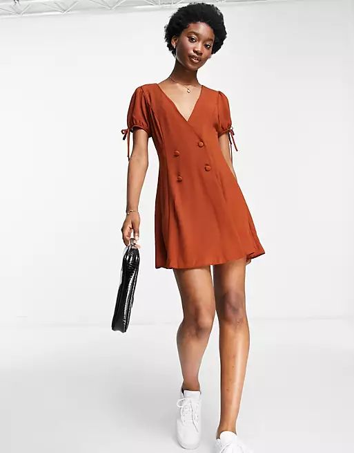 ASOS DESIGN double breasted mini tea dress in rust | ASOS (Global)