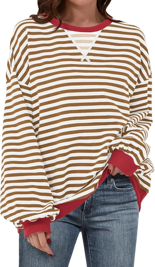 ANRABESS Women Striped Oversized Sweatshirt Long Sleeve Crewneck Hoodies Shirts 2024 Fall Pullove... | Amazon (US)