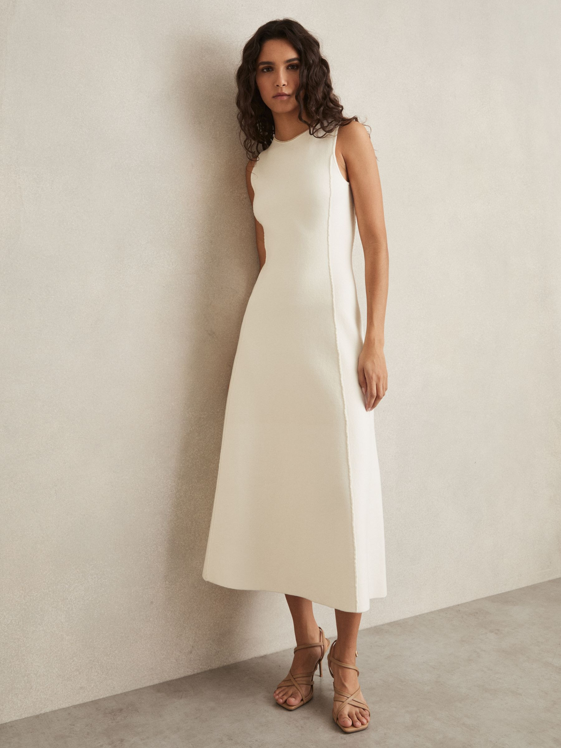Seam-Detail Knitted Midi Dress in Ivory | Reiss UK
