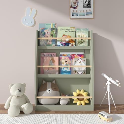 Kids Bookshelf 3 Tier Nursery Book Shelf Wood Toy Storage Organizer and Book Display Stand for Living Room Bedroom Playroom Kids Room Space-Saving Kids Book Rack, Light Green | Amazon (US)