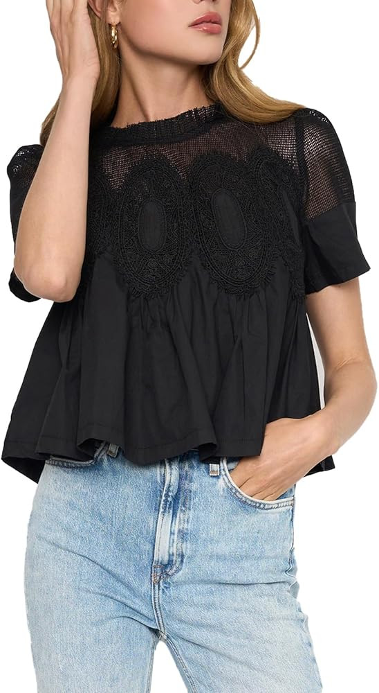 Women's Babydoll Tops Short Sleeve Lace Detail Blouses Flared Pleated Swing Sheer Mesh Shirts | Amazon (US)