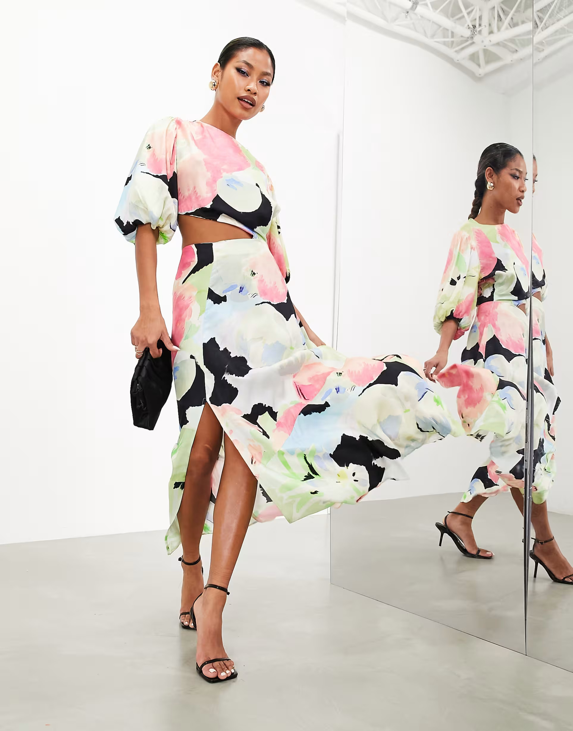ASOS EDITION blouson sleeve cut out midi dress in oversized floral print | ASOS (Global)