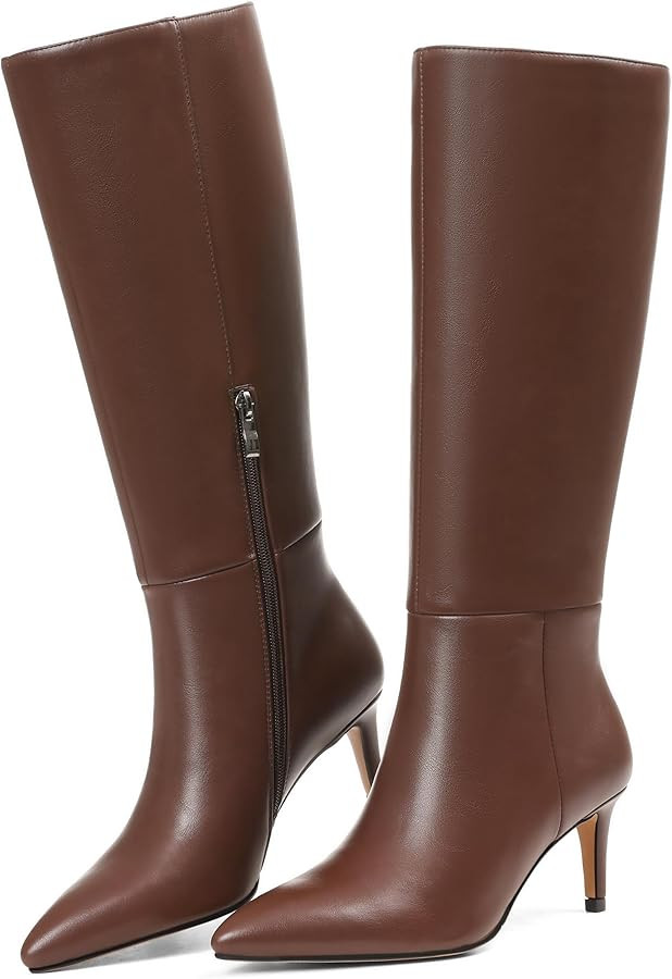 Knee High Boots for Women Pointed Toe Stiletto Kitten Heel Tall Boots Side Zipper Wide Calf Boot ... | Amazon (US)