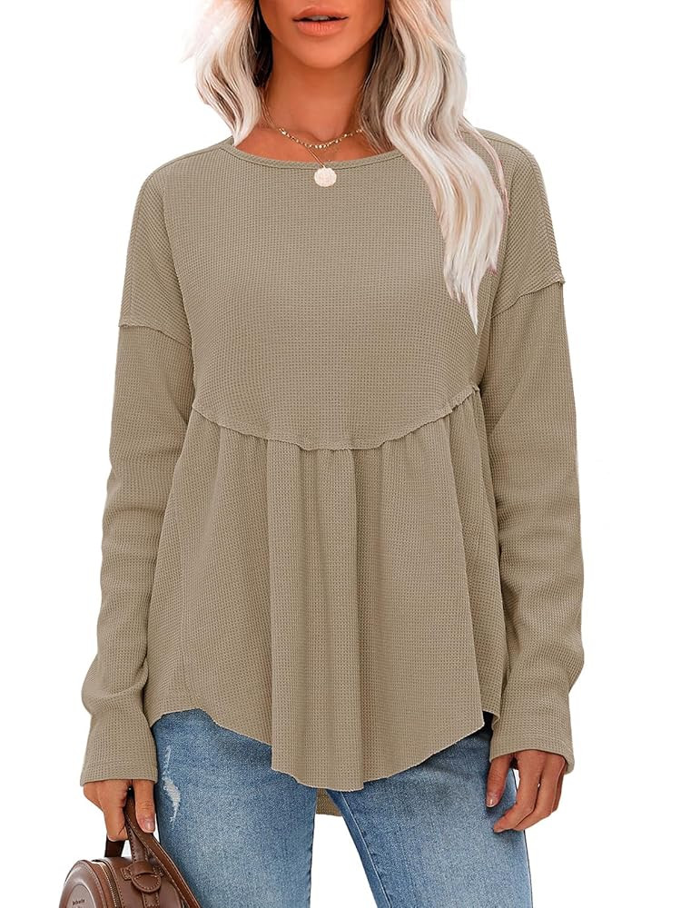 EXLURA Waffle Knit Long Sleeve Shirts for Womens Crewneck Loose Babydoll Tunic Tops Maternity Top... | Amazon (US)