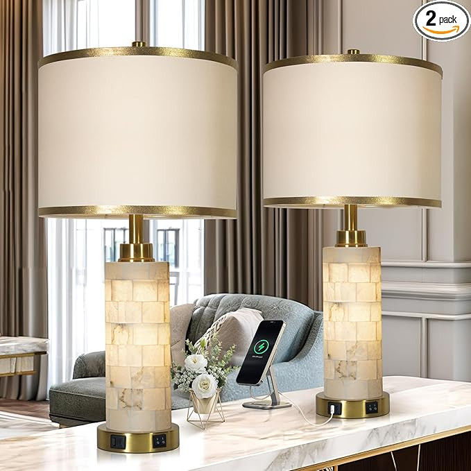 Natural Alabaster Nightstand Lamp Set of 2 with Night Light USB Ports Table Lamp with Linen Shade... | Amazon (US)