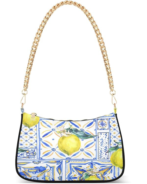 Shoulder Bags for Women Vintage Yellow Lemon Fruit and Blue Print Hobo Tote Handbag Small Clutch ... | Amazon (US)